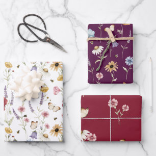 Watercolor Meadow Floral Butterflies Bees Design Wrapping Paper Sheet
