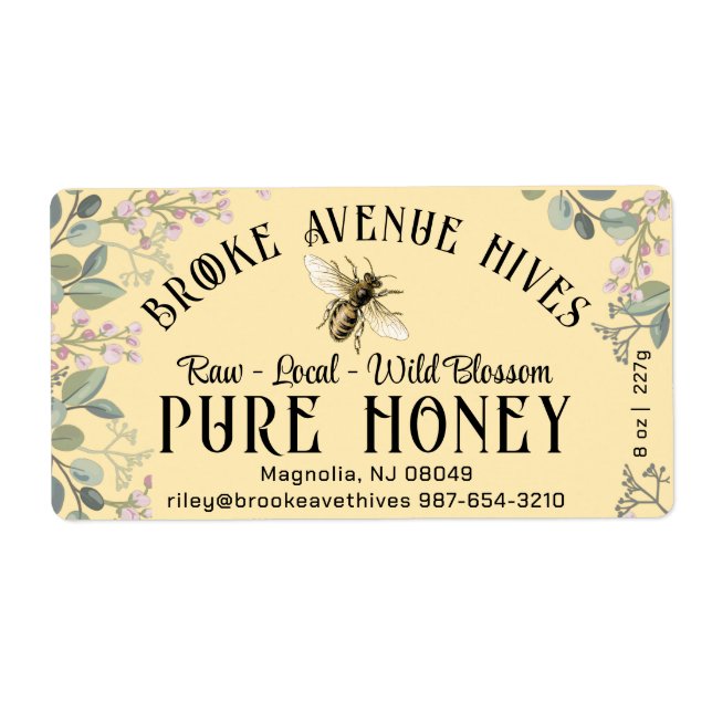 Watercolor Meadow Flowers and Honeybee Honey Label (Front)