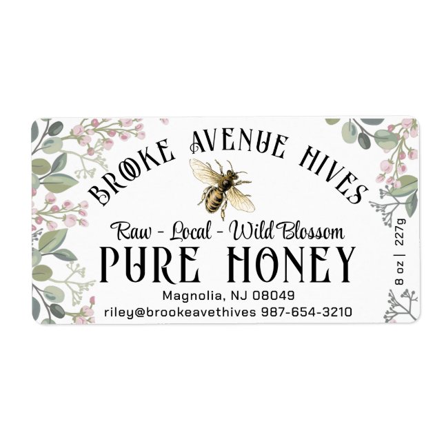 Watercolor Meadow Flowers and Honeybee Honey Label (Front)