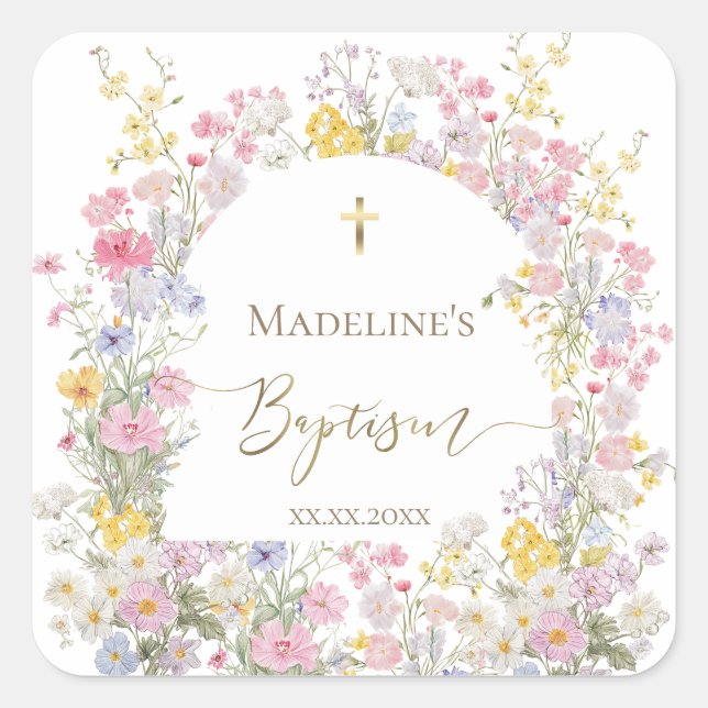  watercolor meadow flowers Baptism Square Sticker (Front)