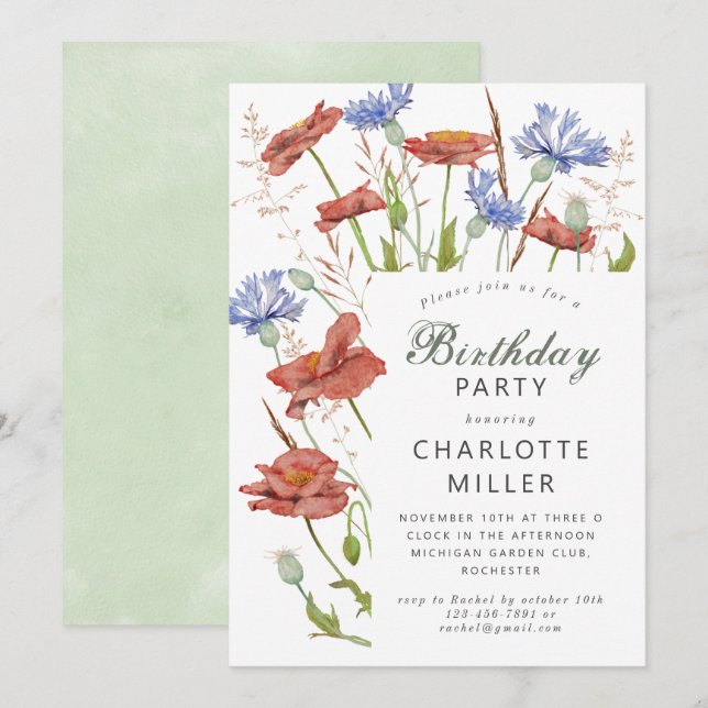 Watercolor meadow flowers grass birthday invitation (Front/Back)
