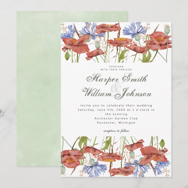Watercolor meadow flowers grass wedding invitation (Front/Back)