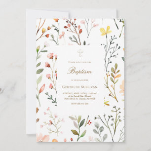 watercolor meadow flowers pattern Baptism Invitation