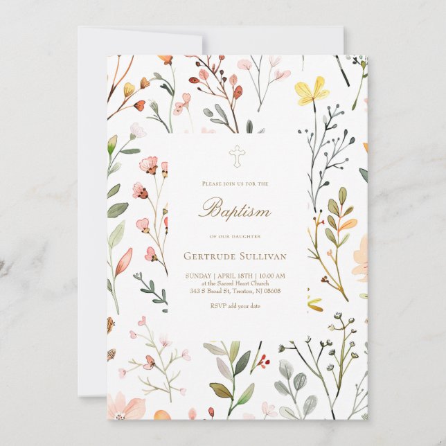 watercolor meadow flowers pattern Baptism Invitation (Front)