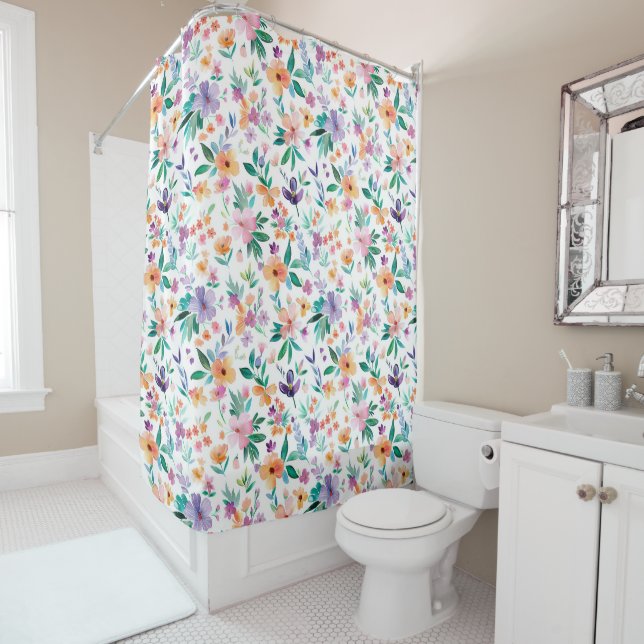 Watercolor Meadow Flowers Pattern Shower Curtain (In Situ)