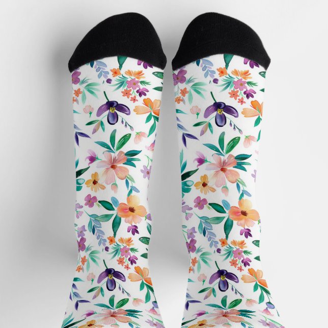 Watercolor Meadow Flowers Pattern Socks (Top)