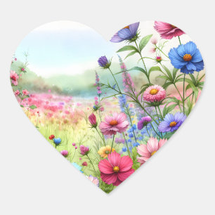 Watercolor Meadow of Pink and Blue Flowers Heart Sticker
