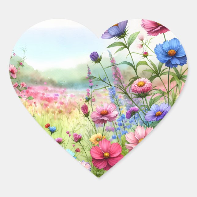 Watercolor Meadow of Pink and Blue Flowers Heart Sticker (Front)