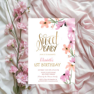 Watercolor Meadow Pink Boho Flowers Birthday  Invitation