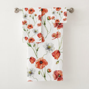 Watercolor Meadow Poppies And White Wildflowers  Bath Towel Set