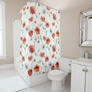 Watercolor Meadow Poppies And White Wildflowers  Shower Curtain