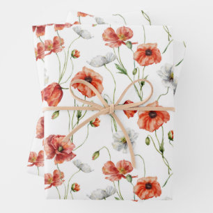 Watercolor Meadow Poppies And White Wildflowers  Wrapping Paper Sheet