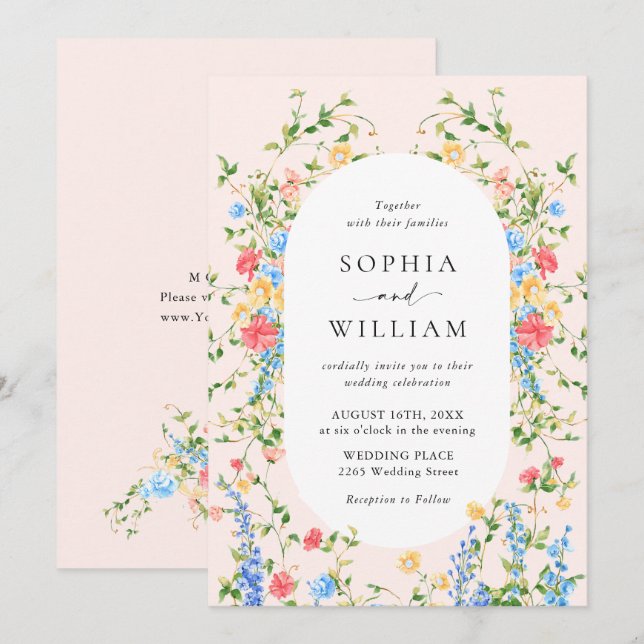 Watercolor Meadow Wildflower Bohemian Wedding Invitation (Front/Back)