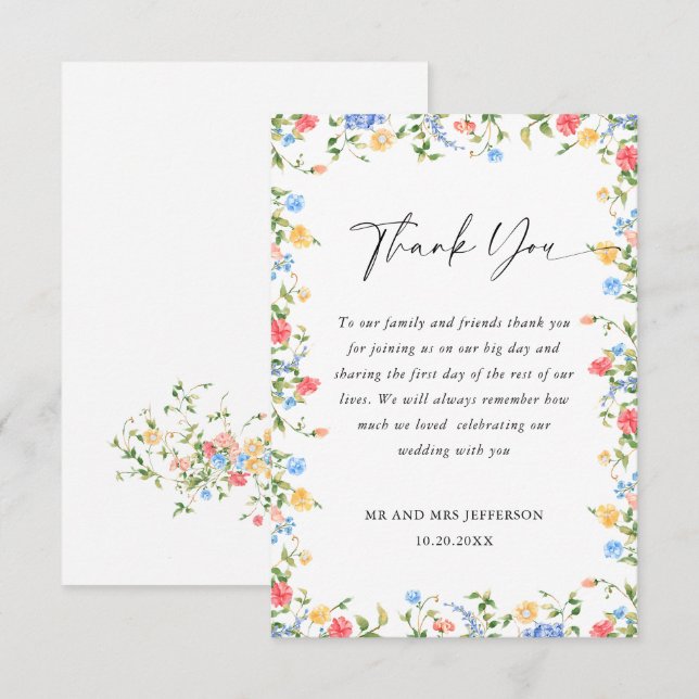 Watercolor Meadow Wildflower Bohemian Wedding Thank You Card (Front/Back)