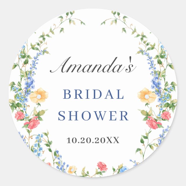 Watercolor Meadow Wildflower Boho Bridal Shower Classic Round Sticker (Front)