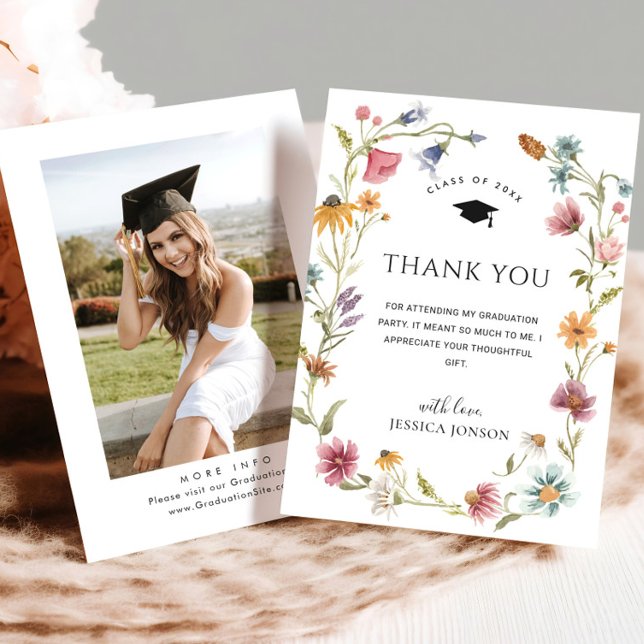 Watercolor Meadow Wildflower Boho PHOTO Graduation Thank You Card (Creator Uploaded)