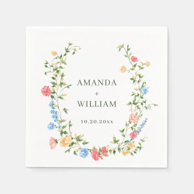 Watercolor Meadow Wildflower Boho Wedding Napkin (Front)
