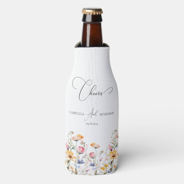 Watercolor Meadow Wildflower Cheers Wedding Bottle Cooler (Bottle Front)