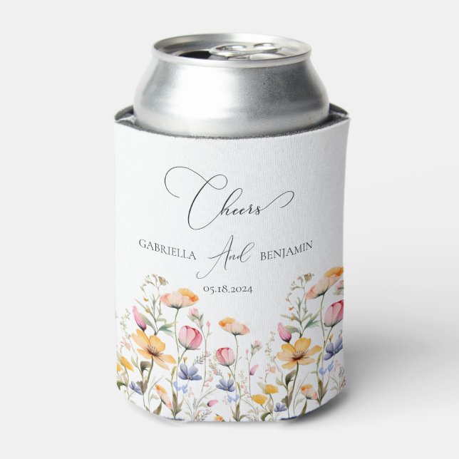 Watercolor Meadow Wildflower Cheers Wedding Can Cooler (Can Front)