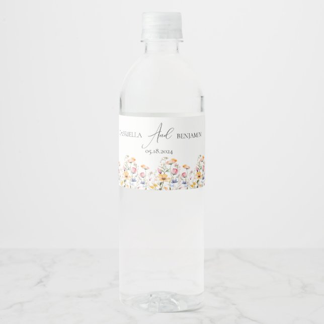 Watercolor Meadow Wildflower Classic Wedding Water Bottle Label (Front)