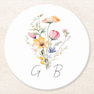 Watercolor Meadow Wildflower Monogram Wedding Round Paper Coaster