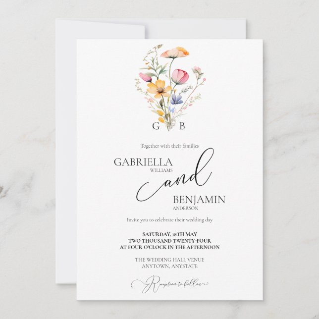 Watercolor Meadow Wildflower Simple Wedding Invitation (Front)
