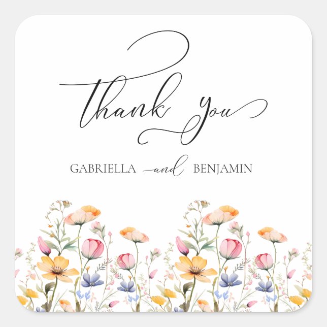Watercolor Meadow Wildflower Thank You Wedding Square Sticker (Front)