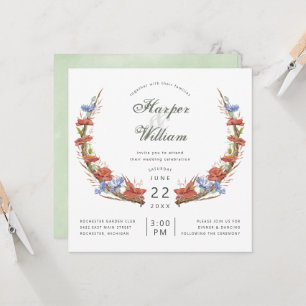 Watercolor meadow wildflowers crest wedding invitation