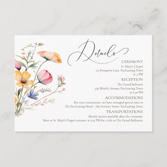 Watercolor Meadow Wildflowers  Wedding Details Enclosure Card (Front)