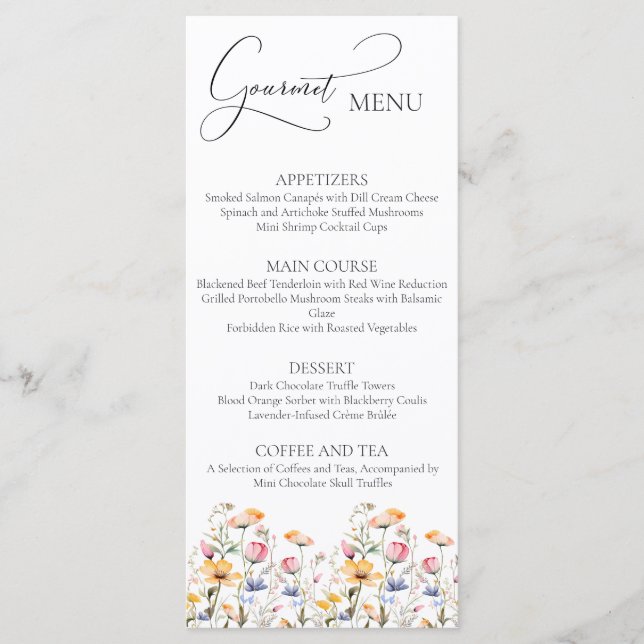 Watercolor Meadow Wildflowers Wedding Gourmet Menu (Front)