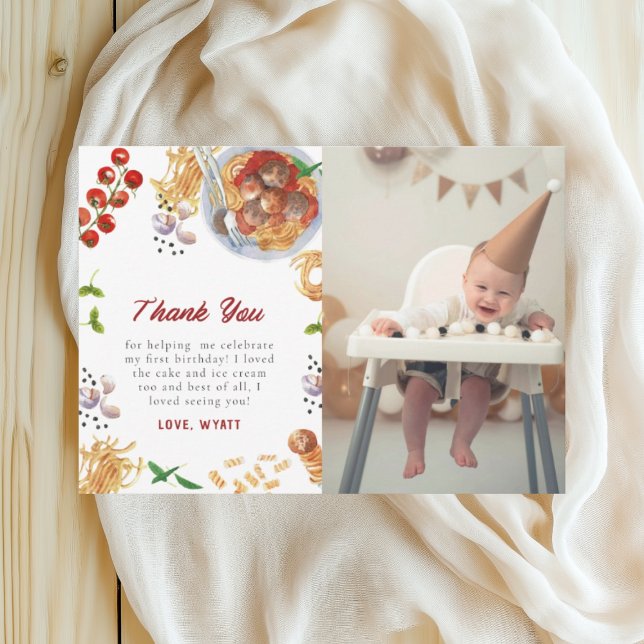 Watercolor Meatball Italian 1st Birthday Thank You Card (Creator Uploaded)