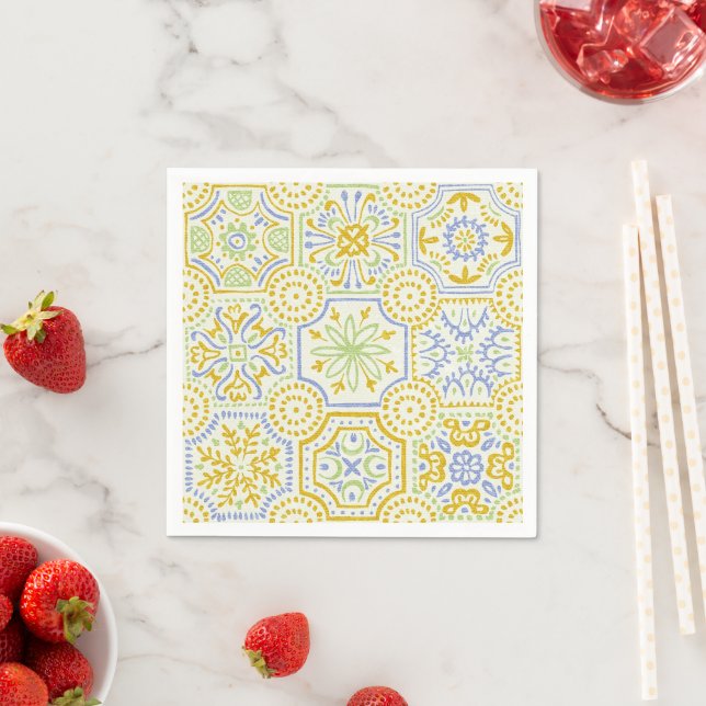 Watercolor Mediterranean Azulejo Boho Pattern  Napkin (Insitu)