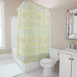 Watercolor Mediterranean Azulejo Boho Pattern  Shower Curtain