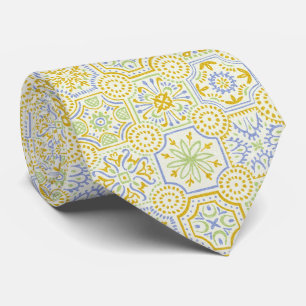 Watercolor Mediterranean Azulejo Boho Pattern  Tie