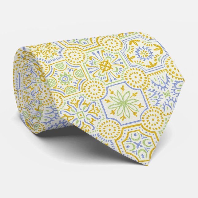 Watercolor Mediterranean Azulejo Boho Pattern  Tie (Rolled)