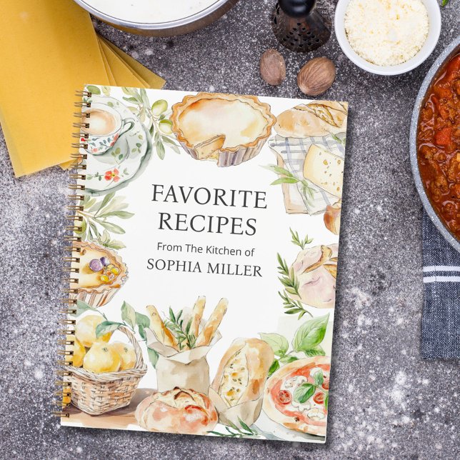 Watercolor Mediterranean Food Family Recipe Notebook (In situ)