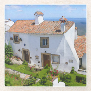 Watercolor Mediterranean house Glass Coaster