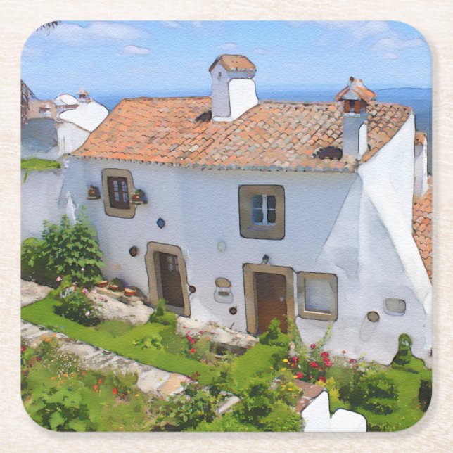 Watercolor Mediterranean house Square Paper Coaster (Front)