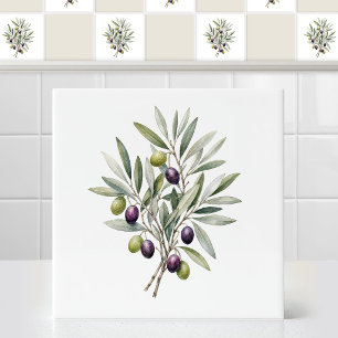 Watercolor Mediterranean Olive Branch with Leaves Tile