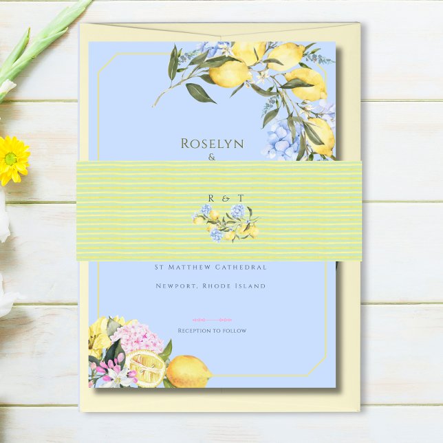 Watercolor Mediterranean Pastel Initials Wedding Invitation Belly Band (Creator Uploaded)