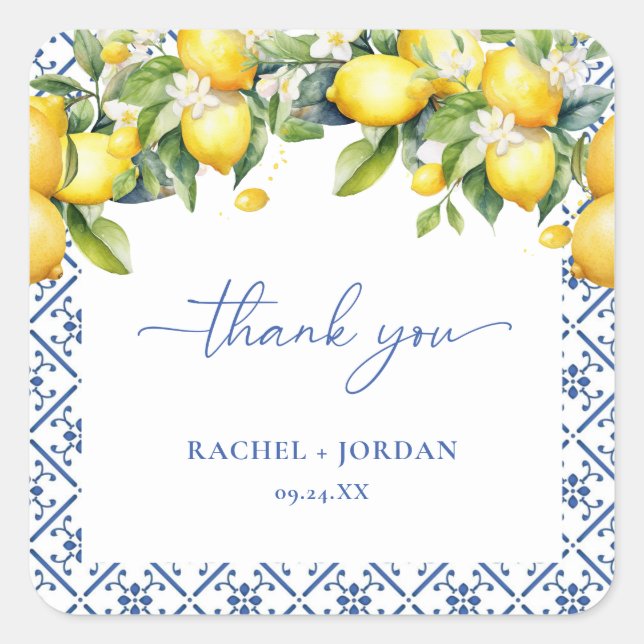 Watercolor Mediterranean Thank You Wedding Favour Square Sticker (Front)