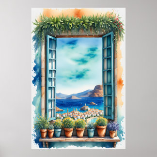 Watercolor Mediterranean Window View Coastal Ville Poster