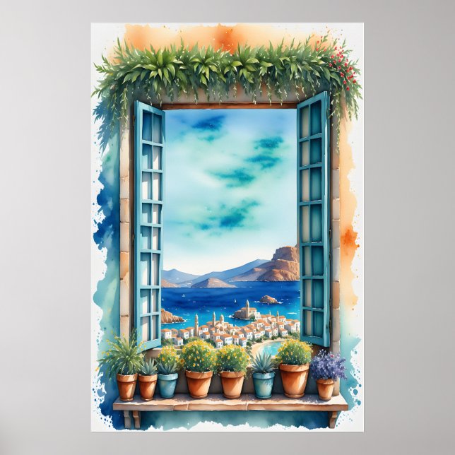 Watercolor Mediterranean Window View Coastal Ville Poster (Front)