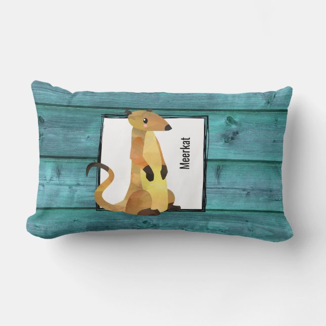 Watercolor Meerkat on a Blue Wood Background Lumbar Cushion (Front)