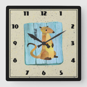 Watercolor Meerkat on a Blue Wood Background Square Wall Clock