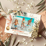 Watercolor Mele Kalikimaka Hawaiian Photo  Holiday Card<br><div class="desc">Modern holiday photo card features "Mele Kalikimaka, " the Hawaiian Christmas greeting,  with watercolor tropical foliage,  exotic hibiscus flowers,  baubles and a gold ribbon pineapple framing your favourite beach or vacation photo. All text is easily customised using the template provided.</div>
