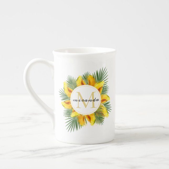 Watercolor Melon Tropical Leaves Wreath Monogram Bone China Mug (Left)