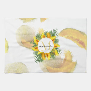 Watercolor Melon Tropical Leaves Wreath Monogram Tea Towel