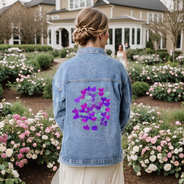 Watercolor melting hearts – purple and aqua denim jacket (Wedding Back)