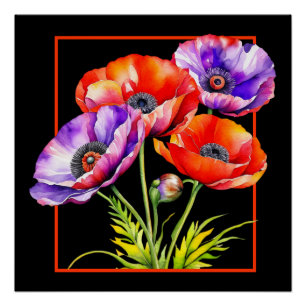 Watercolor Memorial Day Red and Purple Poppies Poster
